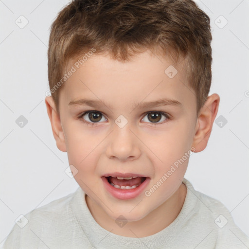 Joyful white child male with short  brown hair and brown eyes