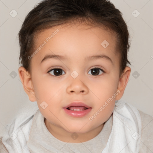 Joyful white child female with short  brown hair and brown eyes