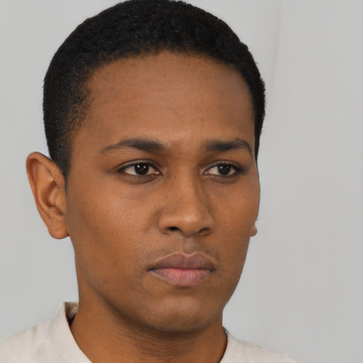 Neutral black young-adult male with short  black hair and brown eyes