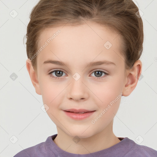 Joyful white child female with short  brown hair and brown eyes