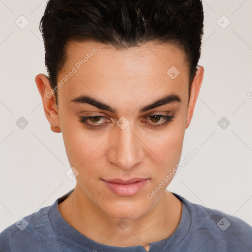 Joyful white young-adult female with short  brown hair and brown eyes