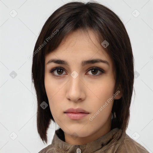 Neutral white young-adult female with medium  brown hair and brown eyes