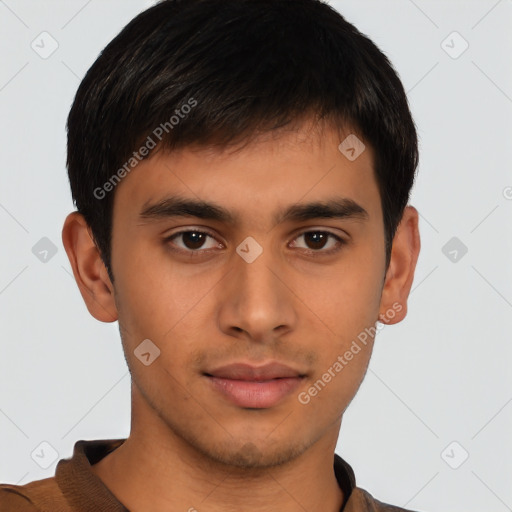 Neutral asian young-adult male with short  brown hair and brown eyes
