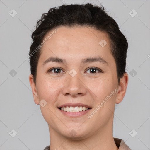 Joyful white young-adult female with short  brown hair and brown eyes