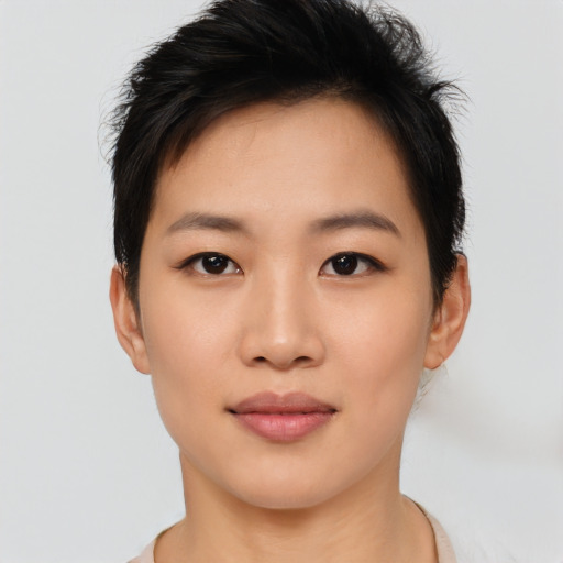 Neutral asian young-adult female with short  black hair and brown eyes