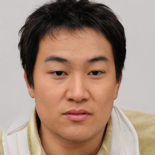 Joyful asian young-adult male with short  brown hair and brown eyes