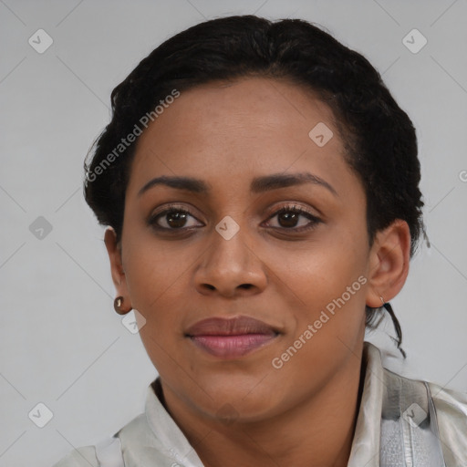 Joyful latino young-adult female with short  black hair and brown eyes