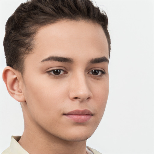 Neutral white young-adult female with short  brown hair and brown eyes