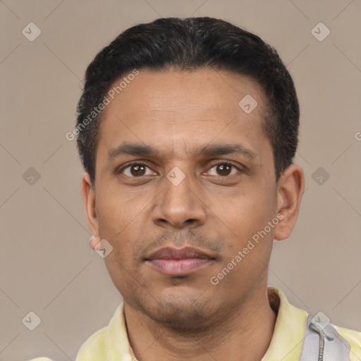 Neutral latino young-adult male with short  black hair and brown eyes