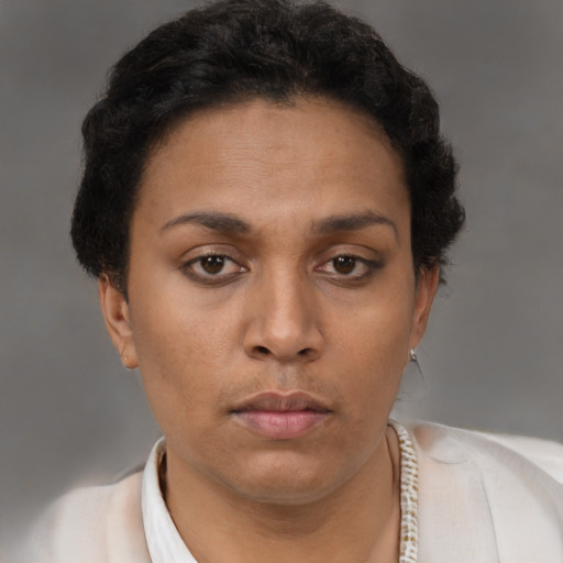 Neutral asian young-adult female with short  brown hair and brown eyes