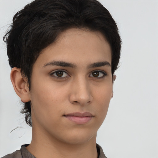 Neutral latino young-adult female with short  brown hair and brown eyes