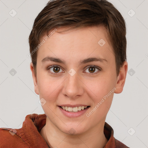 Joyful white young-adult female with short  brown hair and brown eyes