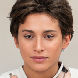 Neutral white young-adult female with short  brown hair and brown eyes