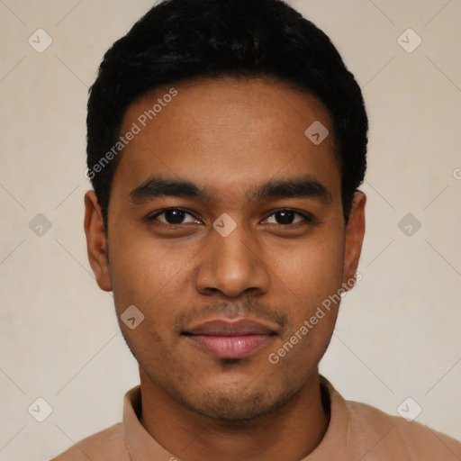 Neutral latino young-adult male with short  black hair and brown eyes
