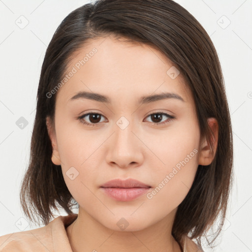 Neutral white young-adult female with medium  brown hair and brown eyes