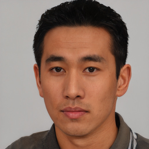 Neutral asian young-adult male with short  black hair and brown eyes