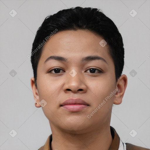 Neutral latino young-adult female with short  black hair and brown eyes