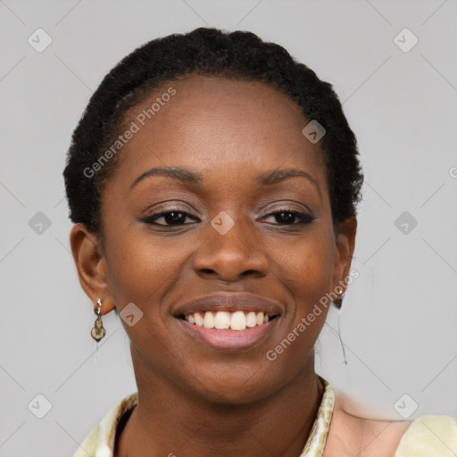 Joyful latino young-adult female with short  brown hair and brown eyes