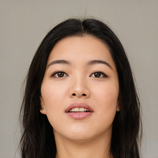 Neutral asian young-adult female with long  black hair and brown eyes