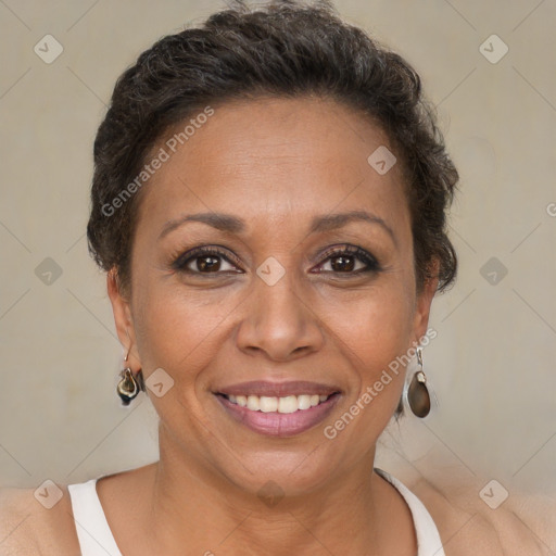 Joyful white adult female with short  brown hair and brown eyes