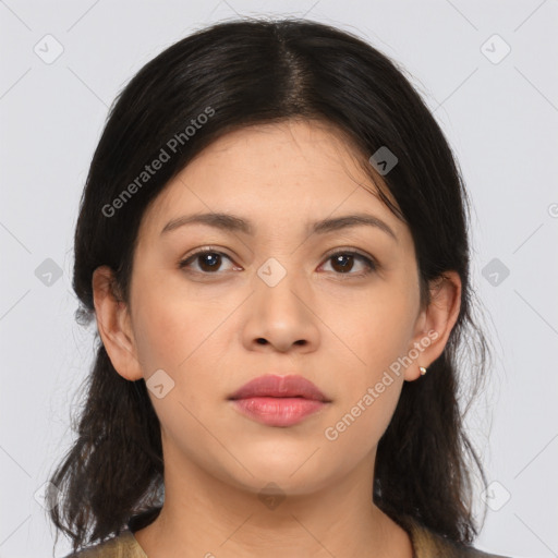 Neutral asian young-adult female with medium  brown hair and brown eyes