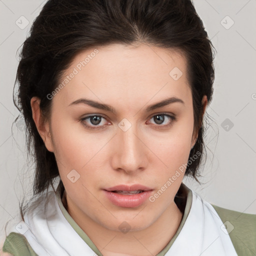 Neutral white young-adult female with medium  brown hair and brown eyes