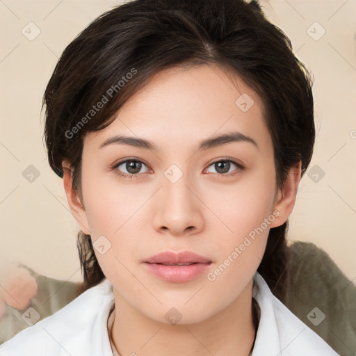 Neutral white young-adult female with medium  brown hair and brown eyes