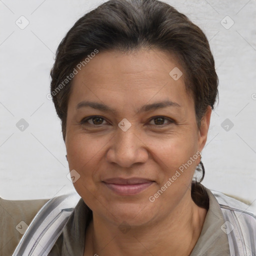 Joyful white adult female with short  brown hair and brown eyes