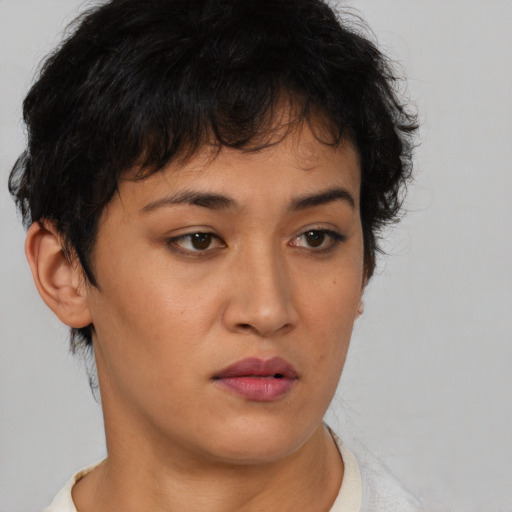 Neutral asian young-adult female with short  brown hair and brown eyes
