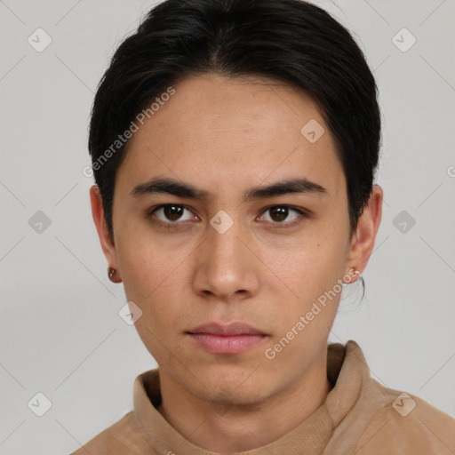 Neutral asian young-adult male with short  brown hair and brown eyes