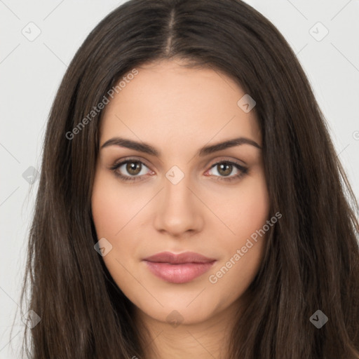 Neutral white young-adult female with long  brown hair and brown eyes