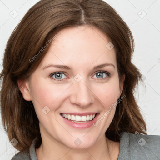 Joyful white young-adult female with medium  brown hair and green eyes