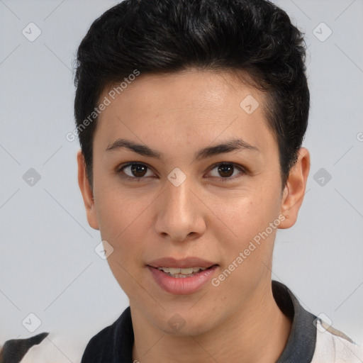 Joyful asian young-adult female with short  brown hair and brown eyes