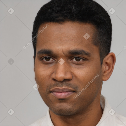 Neutral latino young-adult male with short  black hair and brown eyes