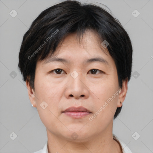 Neutral asian adult male with short  brown hair and brown eyes