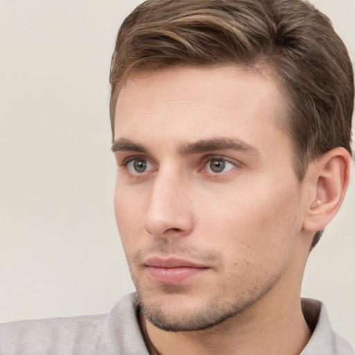 Neutral white young-adult male with short  brown hair and grey eyes