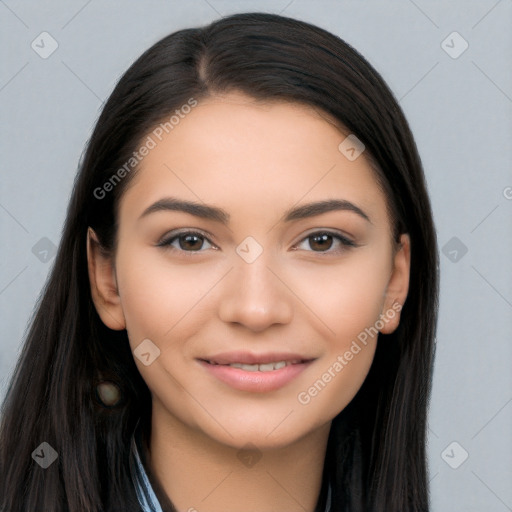 Joyful latino young-adult female with long  brown hair and brown eyes