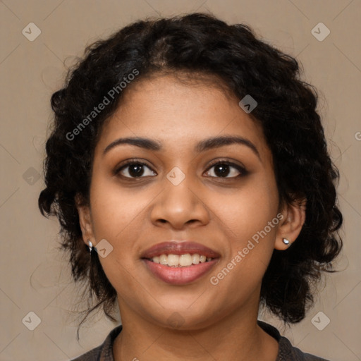 Joyful latino young-adult female with long  black hair and brown eyes