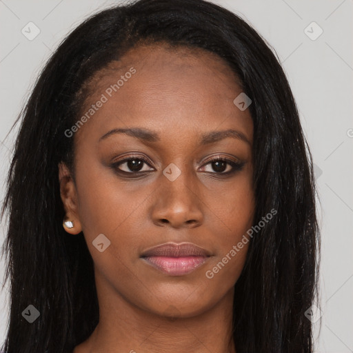 Joyful asian young-adult female with long  brown hair and brown eyes