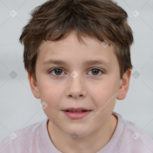 Joyful white child male with short  brown hair and brown eyes