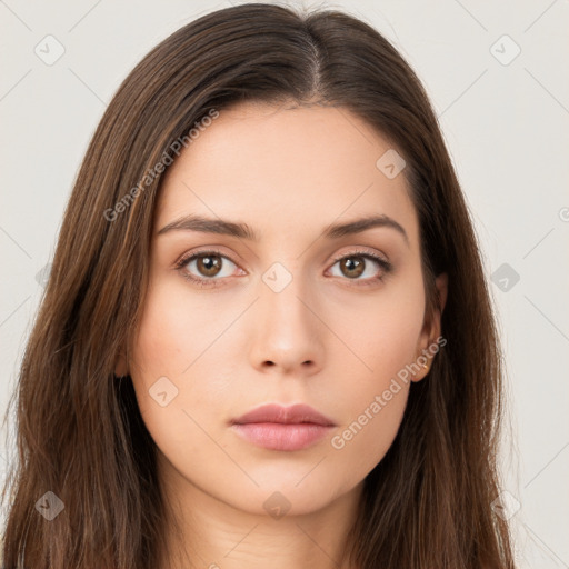 Neutral white young-adult female with long  brown hair and brown eyes