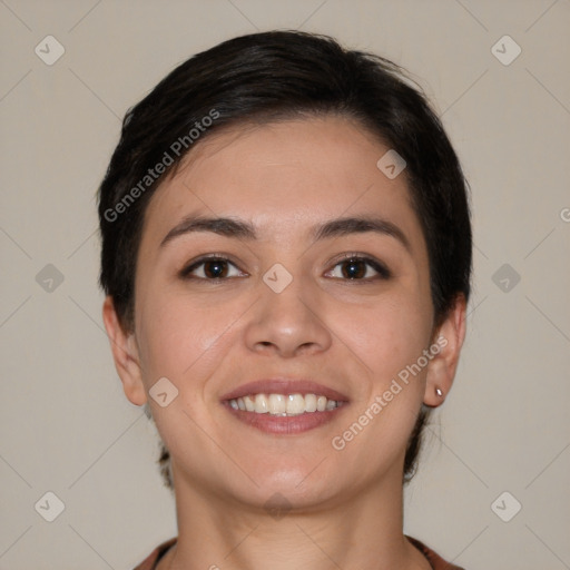 Joyful white young-adult female with medium  brown hair and brown eyes