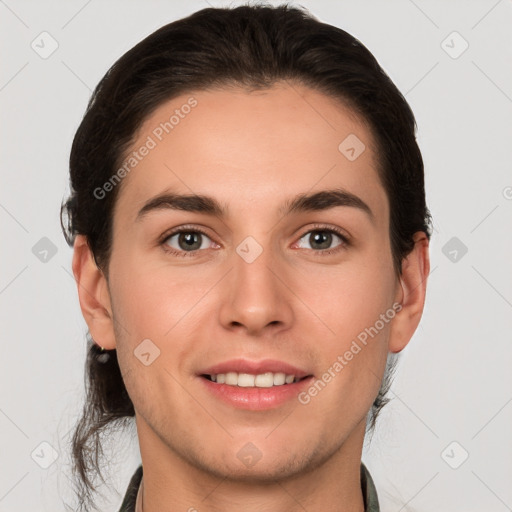 Joyful white young-adult female with short  brown hair and brown eyes