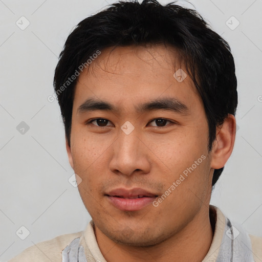 Neutral asian young-adult male with short  black hair and brown eyes