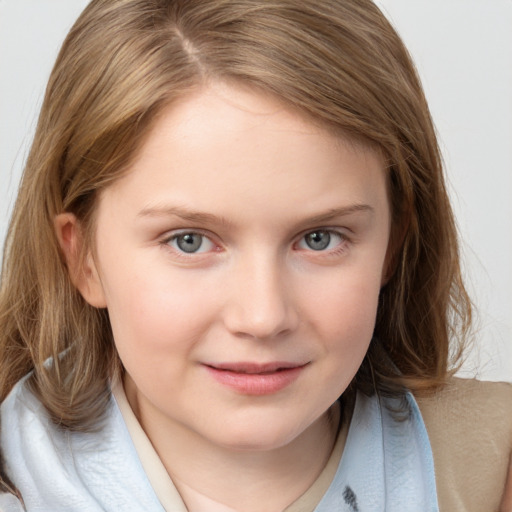 Joyful white child female with medium  brown hair and grey eyes