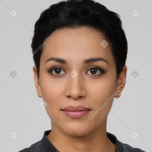 Neutral latino young-adult female with short  black hair and brown eyes