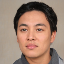 Neutral asian young-adult male with short  black hair and brown eyes