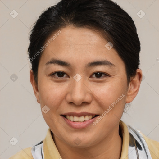 Joyful white young-adult female with short  brown hair and brown eyes