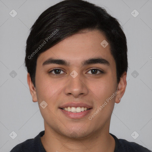 Joyful white young-adult male with short  black hair and brown eyes