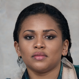 Neutral black young-adult female with short  black hair and brown eyes